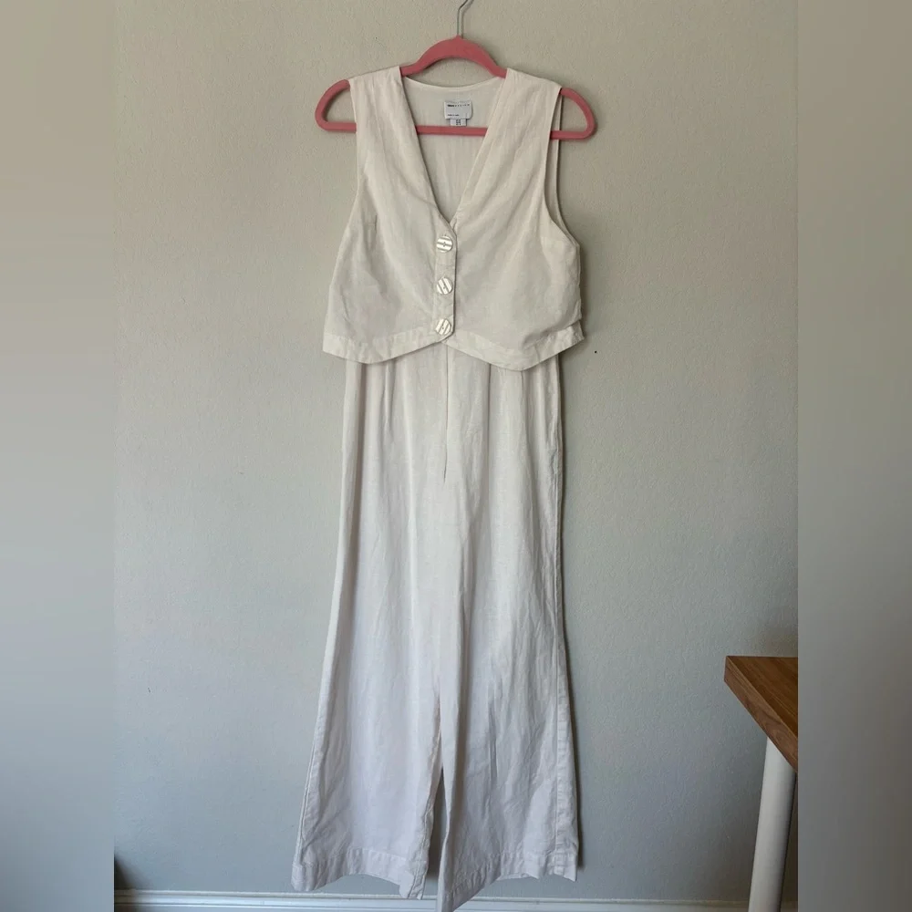 ASOS Cream Linen Like Vest Jumpsuit Wide Leg Button Front Minimalist Size 6 - Picture 1 of 10